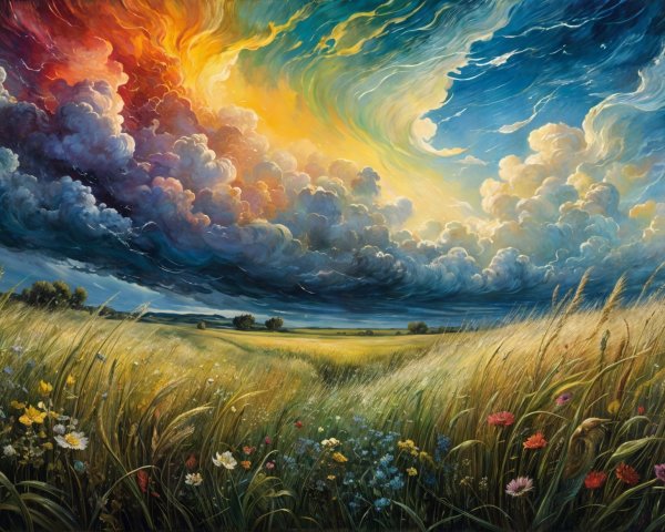 Vibrant Landscape with Wildflowers and Dramatic Sky