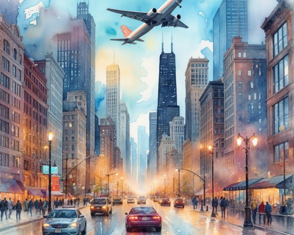 Vibrant Watercolor of a Bustling City Street Scene