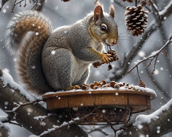 Gray Squirrel on Feeder in Snowy Winter Landscape