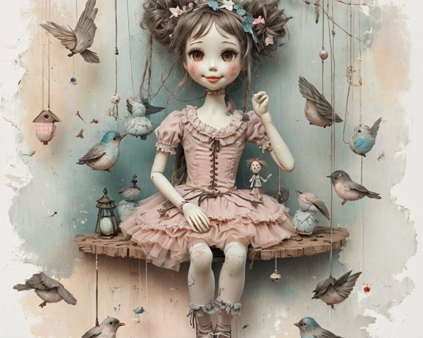 Whimsical Doll on Swing with Birds in Dreamy Setting