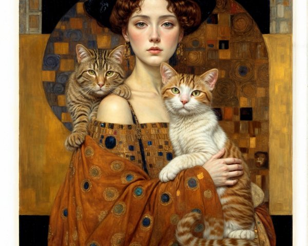 Elegant Woman in Orange Dress with Two Cats