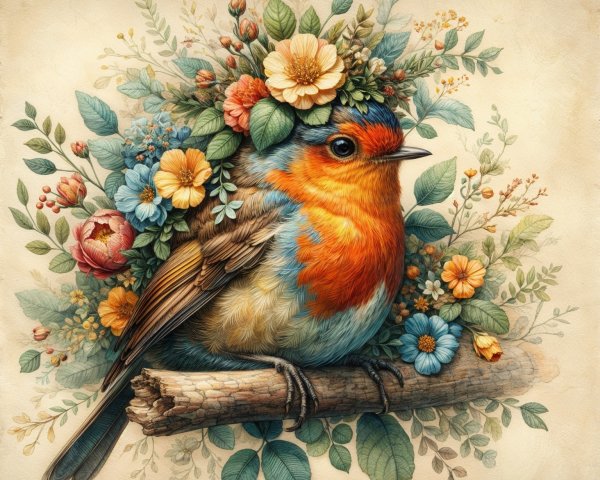 Illustration of a Colorful Bird on a Floral Branch