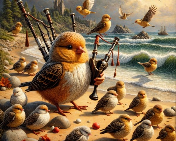 Bird Playing Bagpipes on a Beach with Smaller Birds