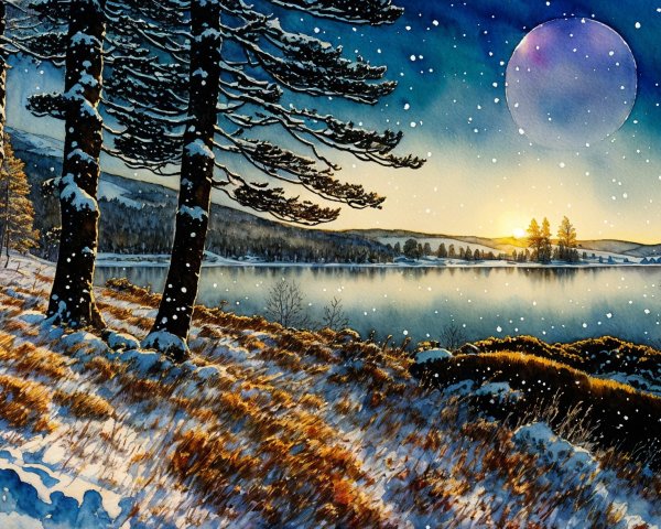 Tranquil Lake Surrounded by Snowy Hills and Pines