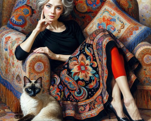Elegant woman with gray hair and Siamese cat on sofa