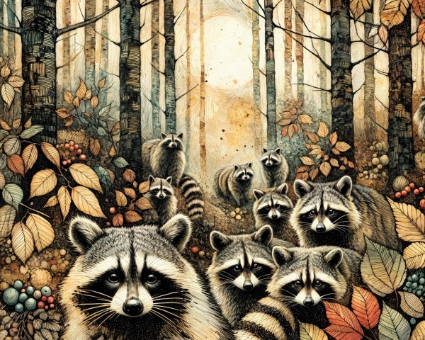 Whimsical Woodland Scene with Raccoons and Autumn Leaves