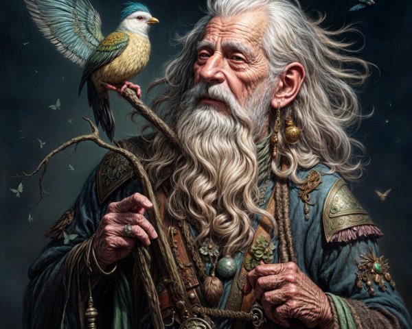 Elderly man with staff and colorful bird in serene scene