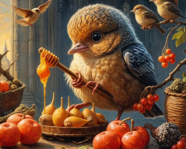 Charming Bird with Honey Stick Amidst Vibrant Fruits