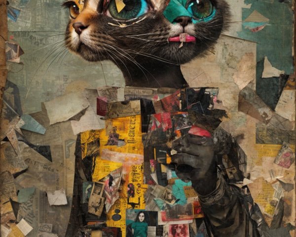 Surreal Artwork of Cat Head on Human Figure Collage
