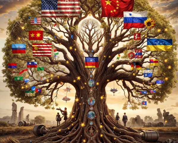 Majestic tree with international flags in surreal landscape