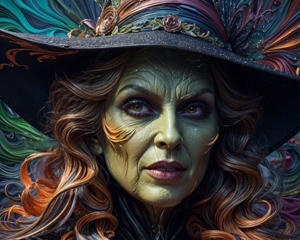 Vibrant Female Character with Green Skin and Black Hat