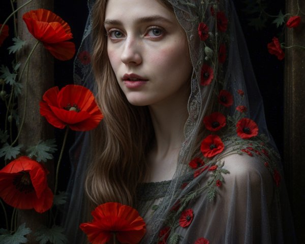 Woman in gray veil with red poppies in dark setting