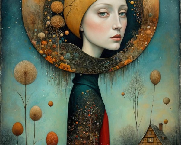 Surreal Portrait of Woman with Yellow Headdress and Landscape