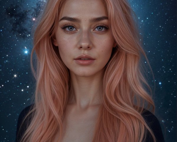 Portrait of a Young Woman with Pink Hair in a Galaxy
