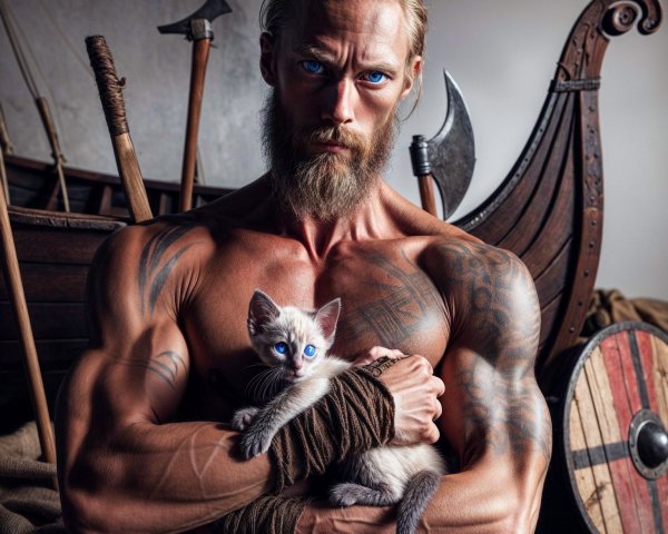 Muscular Man with Kitten in Viking-Themed Setting