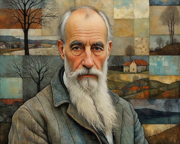 Oil Painting of an Elderly Man in Mosaic Landscape