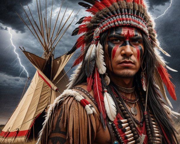 Native American Figure in Traditional Attire and Setting