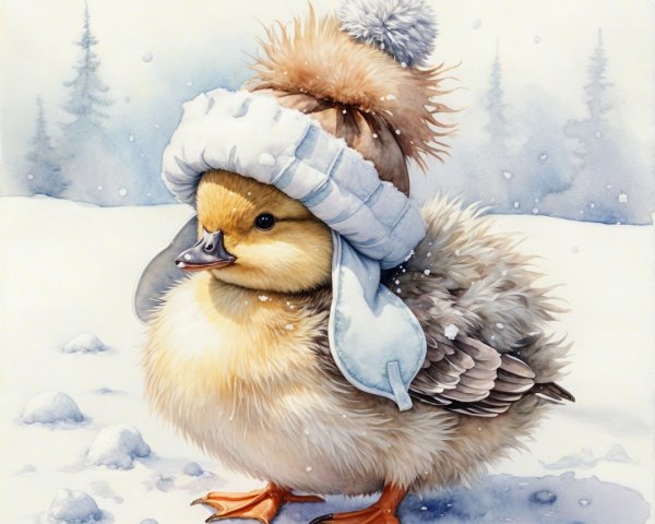 Fluffy Duckling in Snowy Landscape with Winter Hat