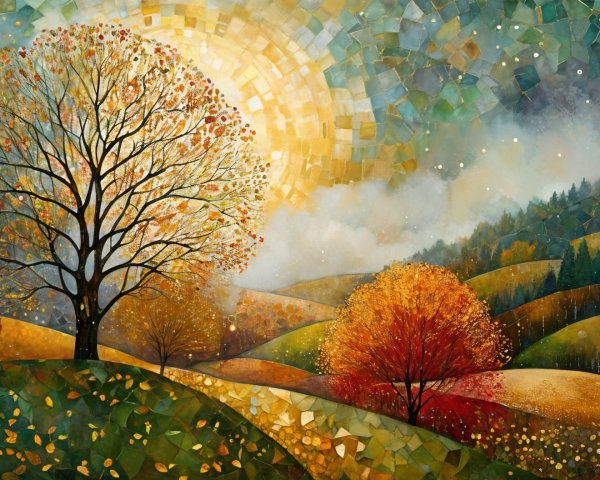 Serene Autumn Landscape with Colorful Trees and Hills