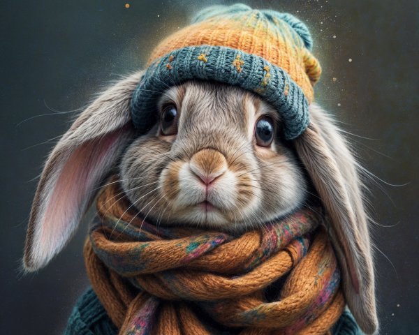 Charming Rabbit in Knitted Hat and Warm Scarf