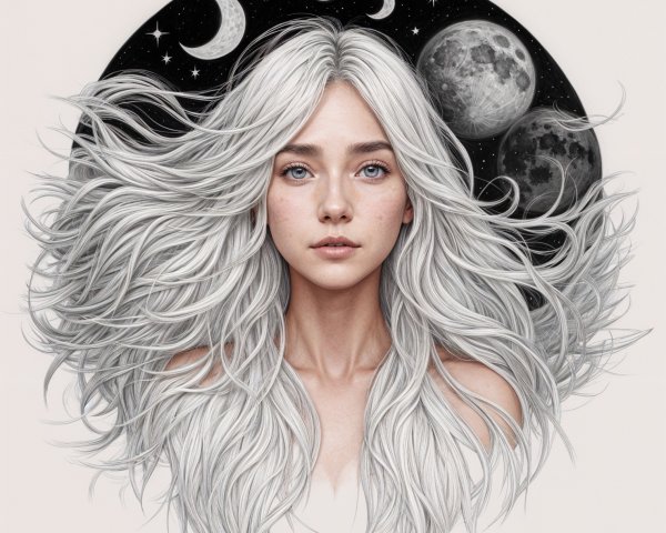 Young woman with white hair against celestial backdrop