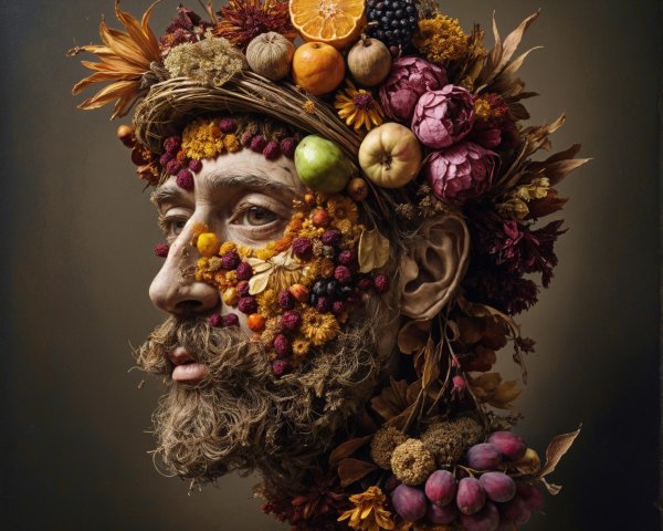 Portrait of a man with floral and fruit headdress