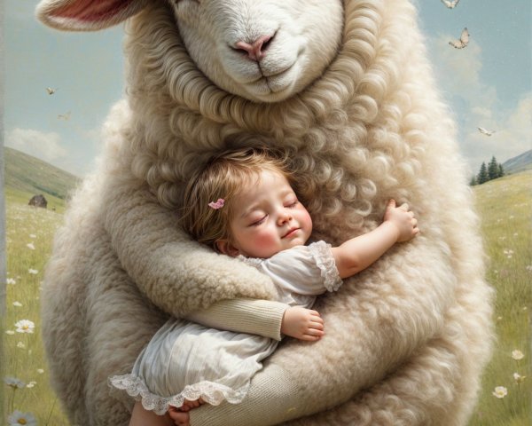 Sheep and Baby in Serene Meadow with Daisies