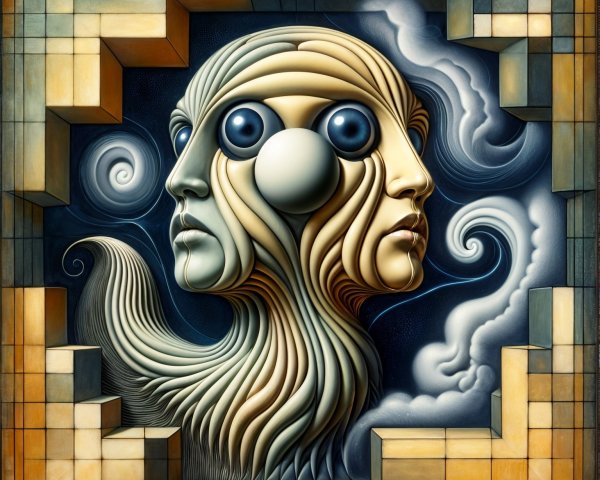 Surreal Composition of Abstract Heads and Dreamlike Background