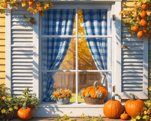 Charming Window with Autumn Decor and Pumpkins