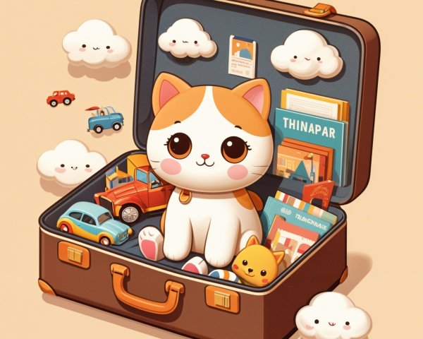 Cartoon Cat in Suitcase Surrounded by Toys and Books