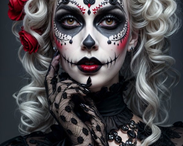 Glamorous figure with sugar skull makeup and roses
