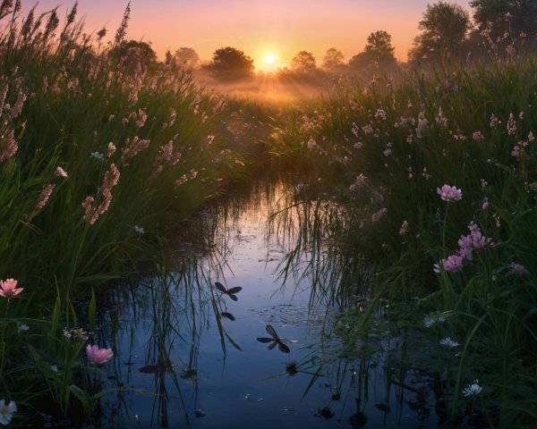 Serene Sunrise Over a Tranquil Misty Landscape