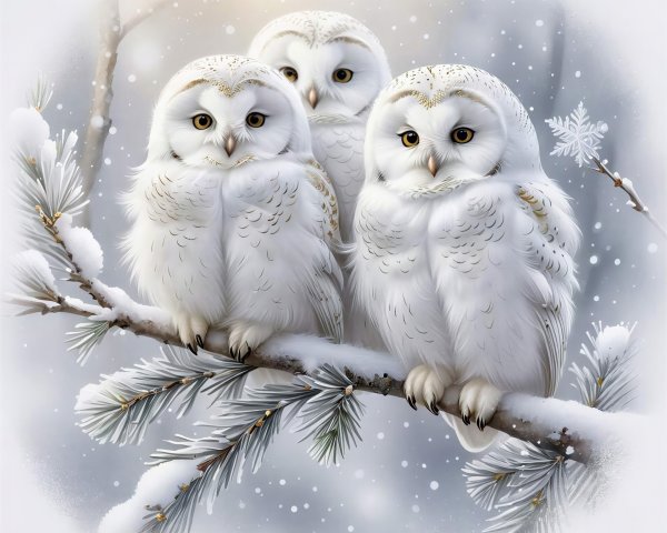 Fluffy White Baby Owls on Snowy Pine Branch