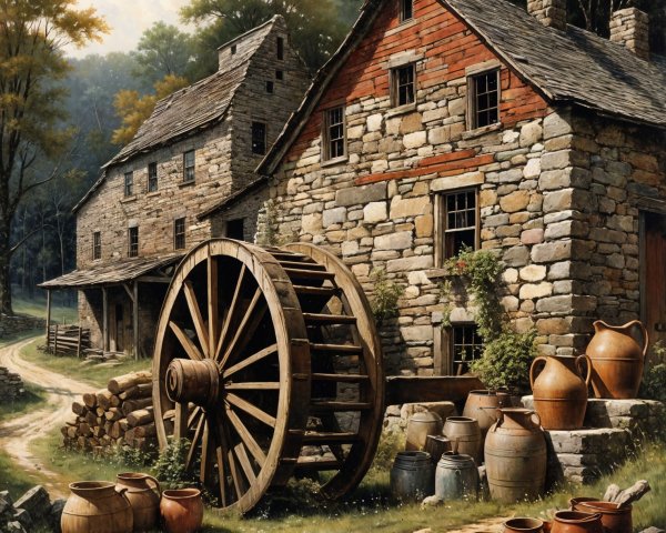 Rustic Scene with Wooden Wheel and Stone Building