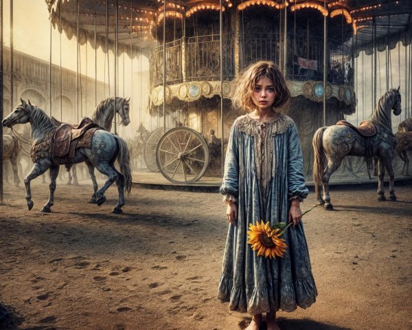 Young Girl with Sunflower Near Abandoned Carousel