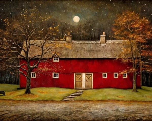 Charming Red House Under Starry Sky with Autumn Trees
