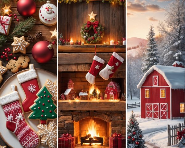 Festive Holiday Scene with Table, Mantle, and Barn