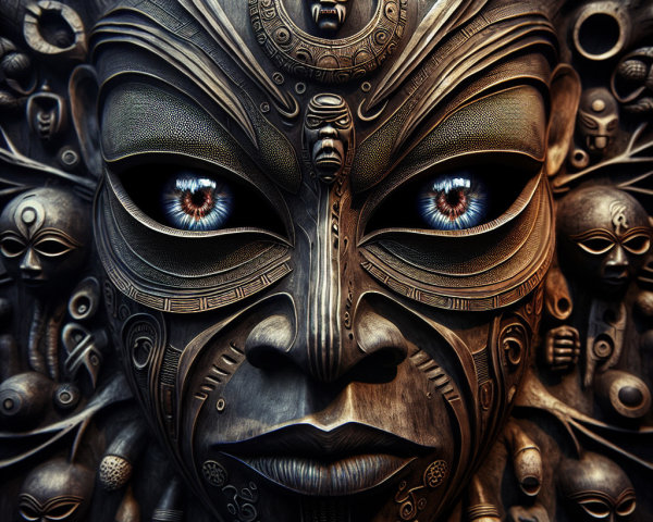 Intricately Carved Wooden Face with Tribal Motifs