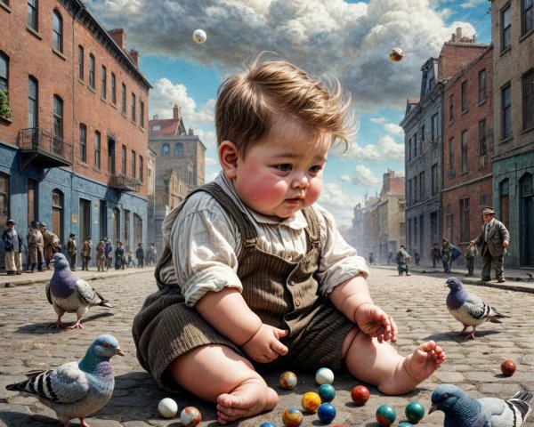 Chubby Baby on Cobblestones with Marbles and Pigeons