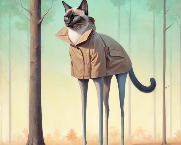 Surreal Forest Scene with Elegant Cat in Raincoat
