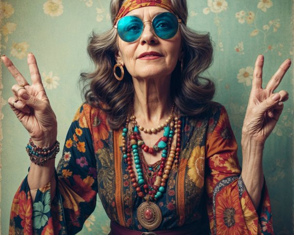 Stylish Older Woman in Floral Dress with Bohemian Vibe
