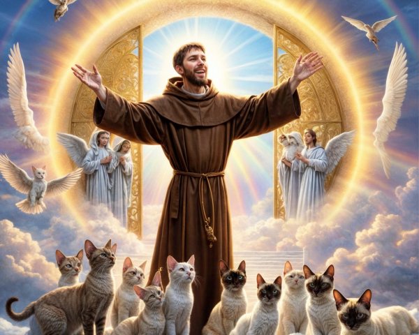 Joyful Figure with Golden Gates and Peaceful Cats