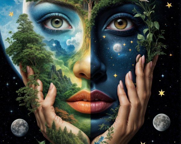 Split Face of Woman Representing Day and Night Themes