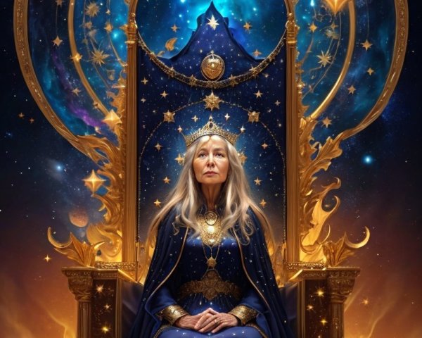 Celestial Queen on Golden Throne in Cosmic Scene