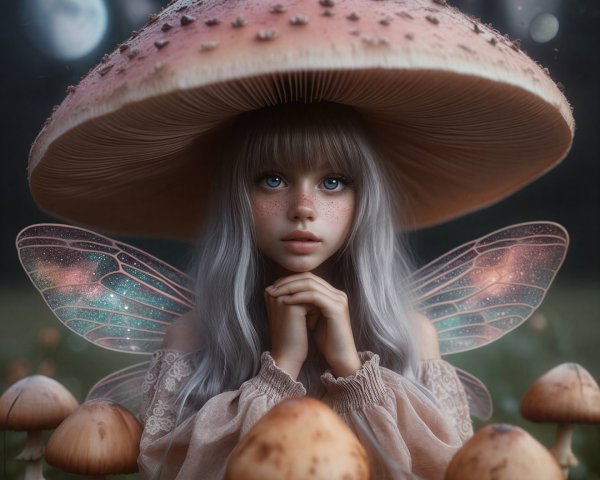 Digital painting of a girl with grey hair and wings