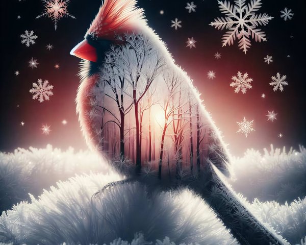 Fantasy Illustration of Cardinal Bird in Winter Scene