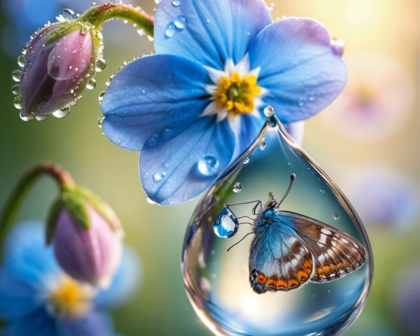 Delicate blue flower with water droplets and butterfly