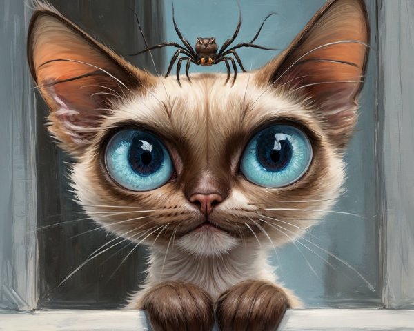 Whimsical Cat with Spider in a Window Scene