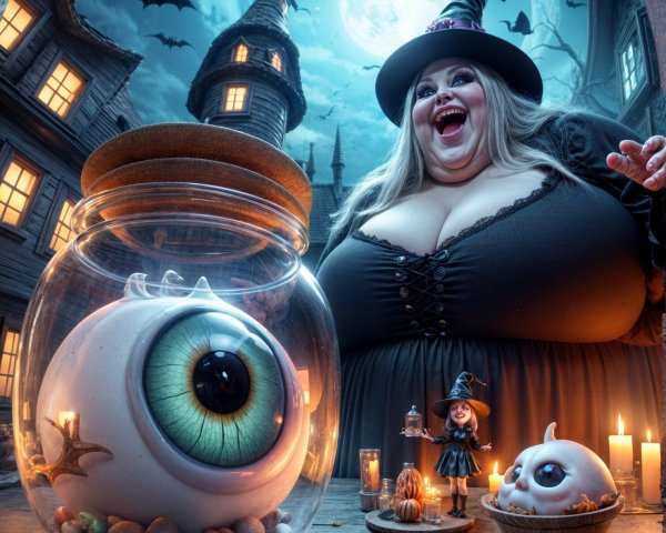 Moonlit Scene with Witch and Giant Eyeball Jar