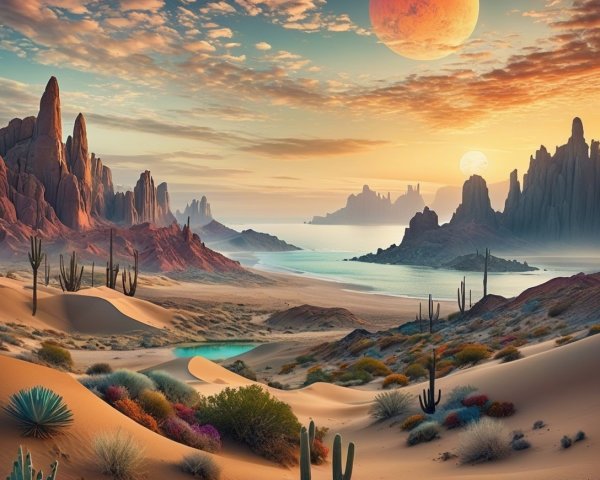 Vibrant Fantasy Desert Landscape at Sunset with Moon